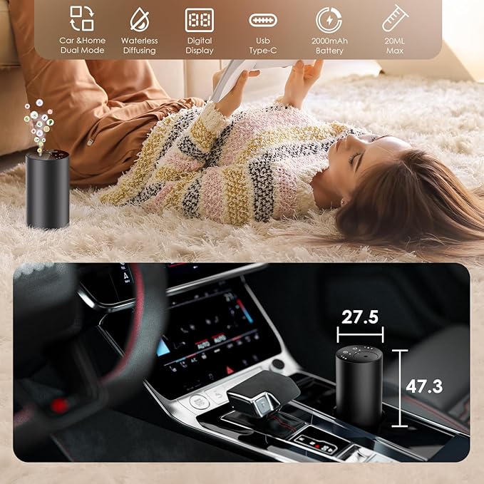 Waterless Essential Oil Diffuser, Portable Aromatherapy Diffuser, Mini Scent Machine, Battery Operated, 1/4/8-Hour Timer, 20ml Capacity, 3 Mist Levels for Home, Car, Room Office,No included oil(Black)-Ruum Studio Home