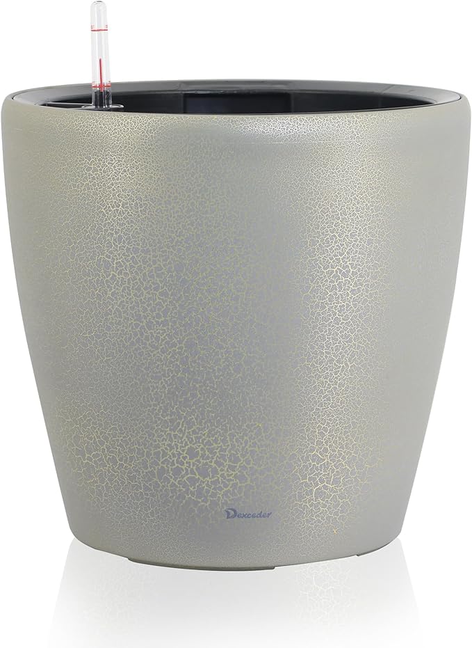 Dexceder 18x17 Self Watering Planter with Wheels Indoor Outdoor, Inner Pot Design, Thickened Large Floor Standing Flower Plant Pot with Water Level Indicator (Grey Gold Crackle)-Ruum Studio Home