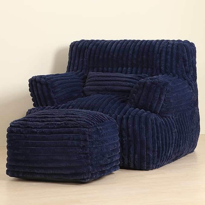 Comfy Gaint Bean Bag Chair with Ottoman, Fluffy Huge Bean Bag Armchair for Adults and Teens, Dark Blue-Ruum Studio Home