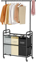 Tajsoon Laundry Sorter Cart with Hanging Clothes Rack, 3 Butler Sorter Basket Organizer, Laundry Hamper Cart with Heavy Duty Rolling Lockable Wheels, 3 Colors-Ruum Studio Home