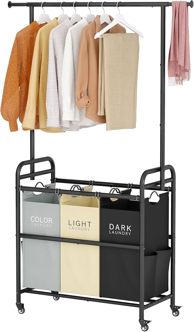Tajsoon Laundry Sorter Cart with Hanging Clothes Rack, 3 Butler Sorter Basket Organizer, Laundry Hamper Cart with Heavy Duty Rolling Lockable Wheels, 3 Colors-Ruum Studio Home