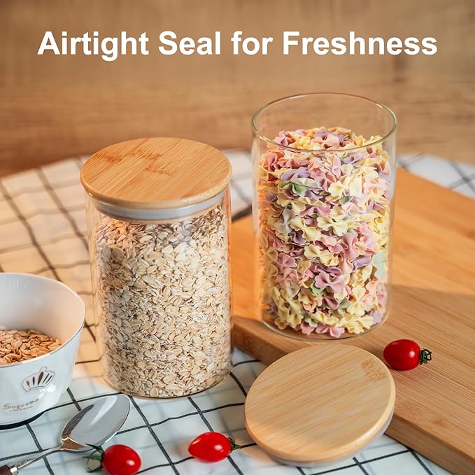 Glass Food Storage Jars 6-Pack 37oz - 4x6 in-Clear Glass Food Canisters with Bamboo Lid Airtight For Serving Tea, Coffee, Flour, Sugar, Candy, Cookie, Spice and More (Circular)-Ruum Studio Home
