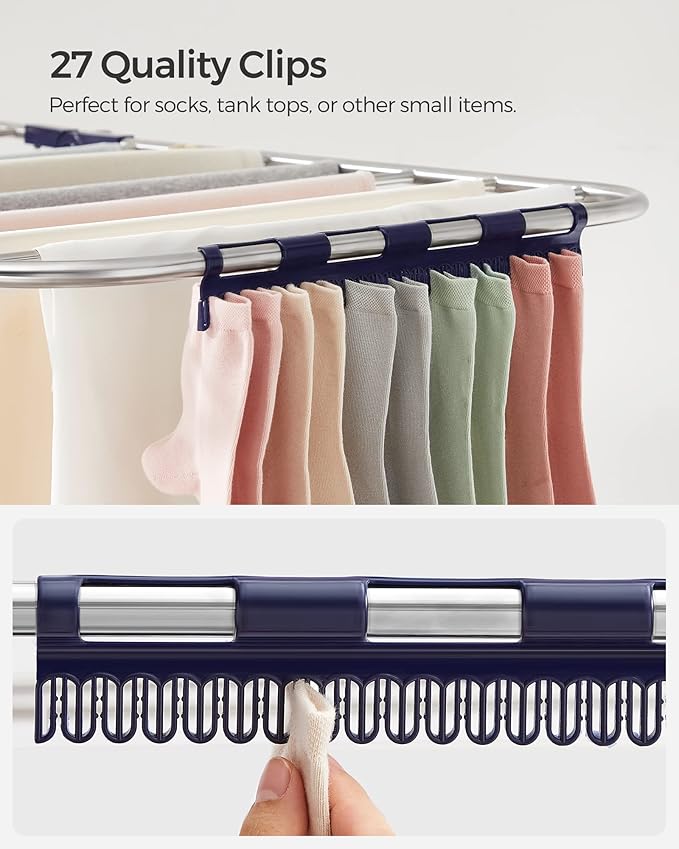 SONGMICS Clothes Drying Rack, Foldable 2-Level Laundry Drying Rack, Free-Standing Laundry Airer, with Height-Adjustable Wings, 33 Drying Rails, Sock Clips, Silver and Blue ULLR53BUV1-Ruum Studio Home