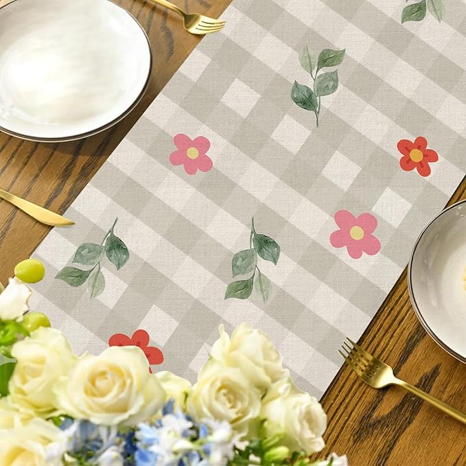 Easter Table Runner 13x72 Inch Bunny Rabbit Flowers Leaves Buffalo Plaid Eggs Seasonal Holiday Kitchen Dining Table Decoration for Indoor Kitchen Dining Home Party Decor-Ruum Studio Home