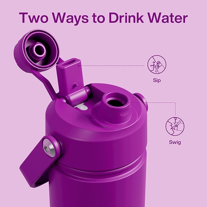 Kids Insualated Water Bottle with Straw - 12oz Stainless Steel Water Bottle with Dual Spouts, Leak-Proof, BPA-Free, Double Wall Vacuum Keeps Cold for 24 Hours for Sports, Travel (Bright Magenta)-Ruum Studio Home