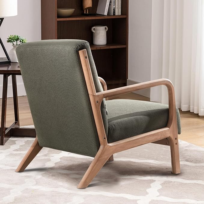 INZOY Mid Century Modern Accent Chair with Wood Frame, Upholstered Living Room Chairs with Waist Cushion, Reading Armchair for Bedroom Sunroom (Green)-Ruum Studio Home