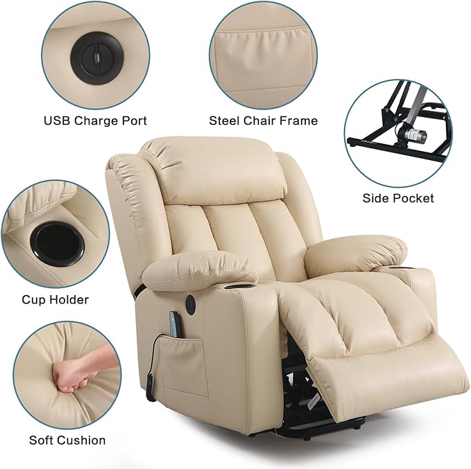 PARKOL Power Lift Recliner Chair for Elderly Breathable Leather Recliner Chair with Massage and Heat,2 Cup Holders,Electric Stand Assist,USB Ports,Gifts for Family (Grey)-Ruum Studio Home