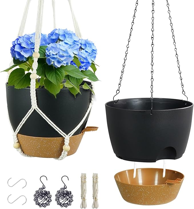 10 inch Self Watering Hanging Planters, 2 Pack Hanging Flower Pots for Indoor Outdoor Plants, Hanging Baskets with Drainage Holes & 2 Kinds of Plant Hangers for Garden Home Decor, Black Brown-Ruum Studio Home