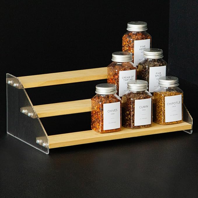 nianfeng Tiered Spice Rack, 3-Tier Spice Pantry Kitchen Cabinet Organizer, 12-Inch, Natural Wood Acrylic Stair Riser Stand, Countertop Seasoning Shelf-Ruum Studio Home