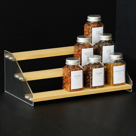 nianfeng Tiered Spice Rack, 3-Tier Spice Pantry Kitchen Cabinet Organizer, 12-Inch, Natural Wood Acrylic Stair Riser Stand, Countertop Seasoning Shelf-Ruum Studio Home