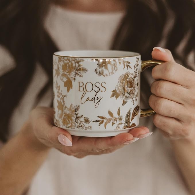 Sweet Water Decor Boss Lady Mug, 17 oz Cute Coffee Mug with Gold Handle for Women Bosses, Large Cup for Tea, Espresso & Hot Cocoa, Birthday Gift Idea for Coworkers, Friend, Mom, & Wife-Ruum Studio Home
