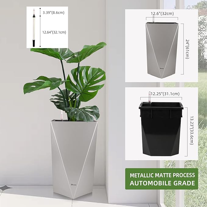 Dexceder 24 Inches Tall Self Watering Planter Diamond Metallic Matte Indoor Outdoor, Thickened Rhombus Large Floor Standing Flower Plant Pot with Water Level Indicator (Gray)-Ruum Studio Home