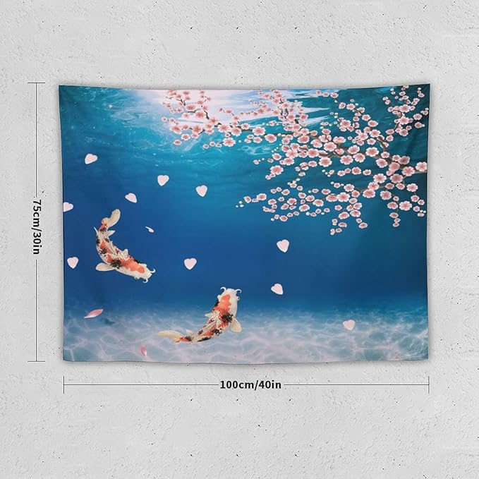Japanese Koi Fish Tapestry, Cherry Blossoms Asian Oriental Blue Floral Branch Koi Fish Carp Tapestries Wall Hanging for Bedroom Living Room Office Decor 40"x30"-Ruum Studio Home