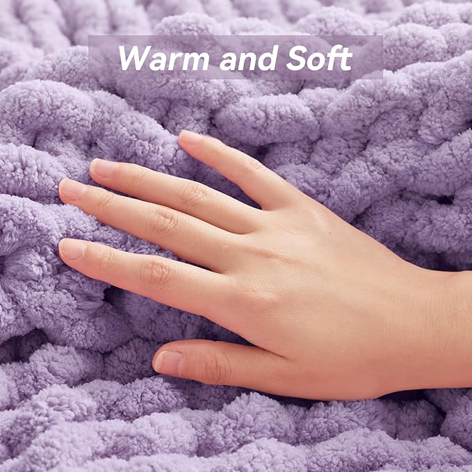 Chunky Knit Throw Blanket, 30''*40'' Knitted Throw Chenille Yarn for Bed Couch, Handmade Light Purple Crochet Big Thick Blanket, Machine Washable Cute Comfy Blanket for Home Decor-Ruum Studio Home
