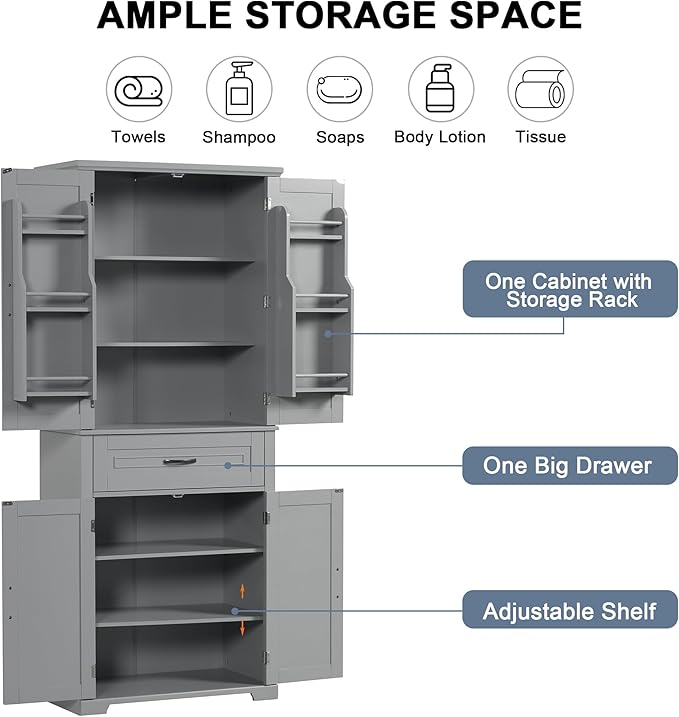 72.2" Tall Storage Cabinet with 4 Doors and Drawer, Freestanding Linen Cabinet, Wooden Pantry with Adjustable Shelf for Kitchen, Bathroom, Living Room, Grey-Ruum Studio Home
