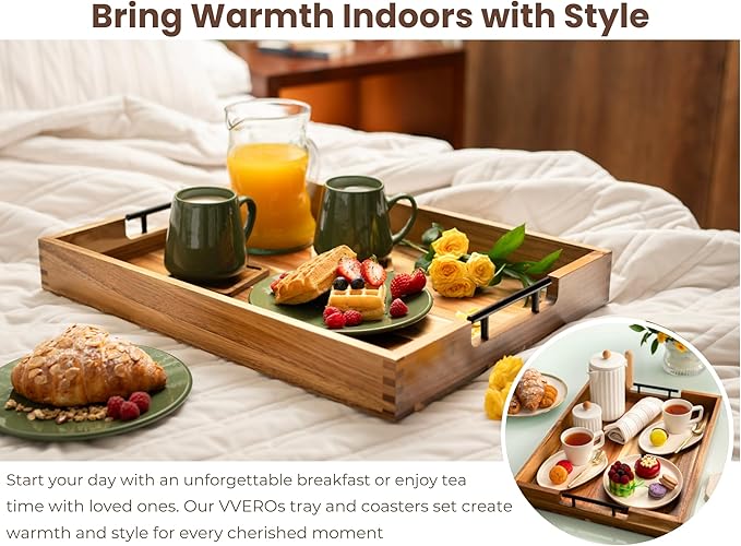 Acacia Wooden Ottoman Tray for Living Room – 21" Large Coffee Table Serving Tray with Handles & 6 Coasters Set, Perfect for Food, Drinks, Kitchen, and Home Decor-Ruum Studio Home
