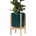 D'vine Dev Ceramic Planter with Natural Stand - 10 Inch Modern Round Flower Pot with Wood Planter Holder, Teal, 55-B-K-4-Ruum Studio Home