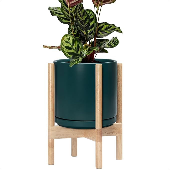 D'vine Dev Ceramic Planter with Natural Stand - 10 Inch Modern Round Flower Pot with Wood Planter Holder, Teal, 55-B-K-4-Ruum Studio Home
