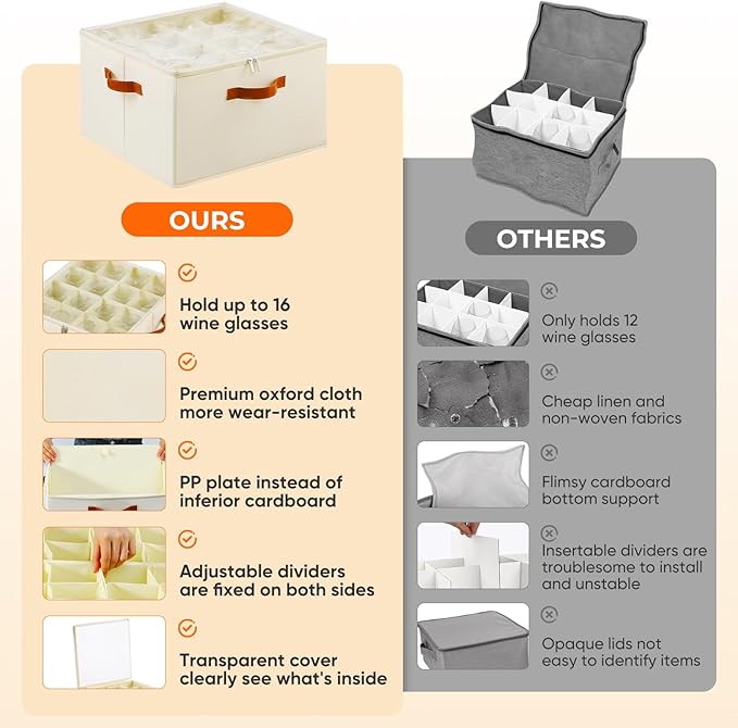 Wine Glass Storage Box with Dividers, 2 Pack Glassware Storage Containers, Stemware Storage Cases Holds 32 Wine Glasses, Stackable Crystal Storage Containers with Clear Cover for Moving，Beige-Ruum Studio Home