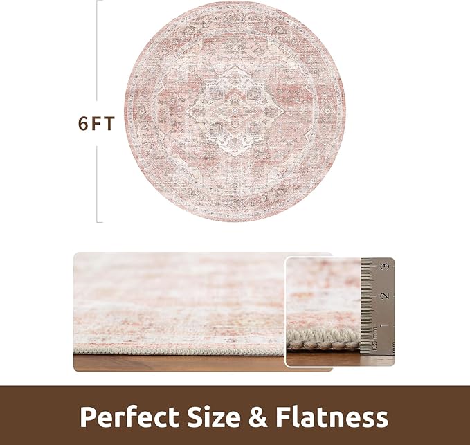 AMOAMI 6FT Round Vintage Soft Pink Rug - Non Slip Circle Machine Washable Rug for Living Room, Bedroom, Office Under Table-Ruum Studio Home