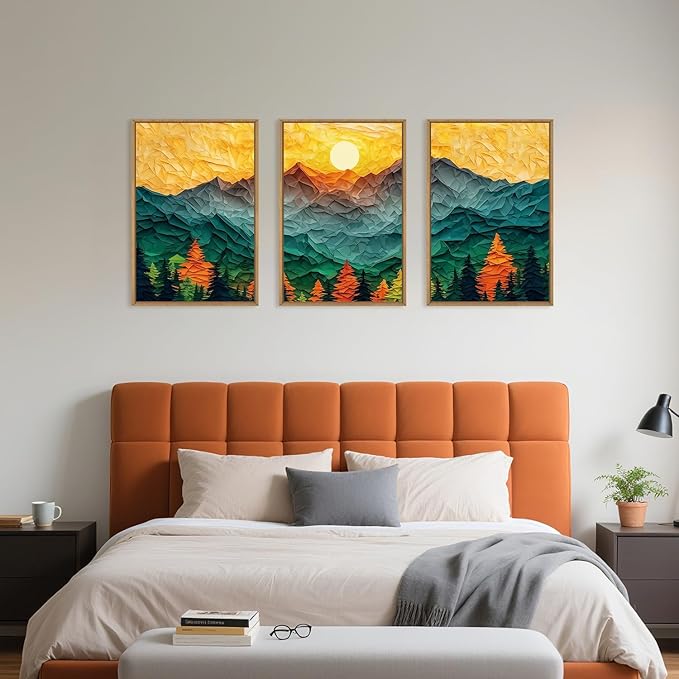 Abstract Mountain Framed Canvas Wall Art Set, Forest Pine Tree Golden Sunset Wall Decor, Mixed Patchwork Landscape Art Print for Living Room, Bedroom, Dining Room, Office - 16"x24"x3-Ruum Studio Home