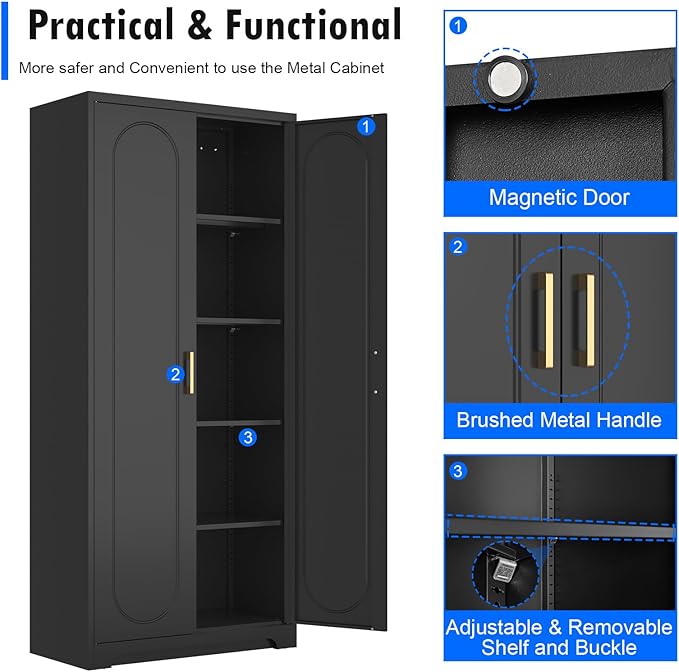 71" Tall Kitchen Pantry Cabinet, Pantry Storage Cabinet with Doors and Shelves, Metal Food Pantry Cabinets with Handles, Black Freestanding Cupboard for Living&Dining Room-Assemble Required-Ruum Studio Home
