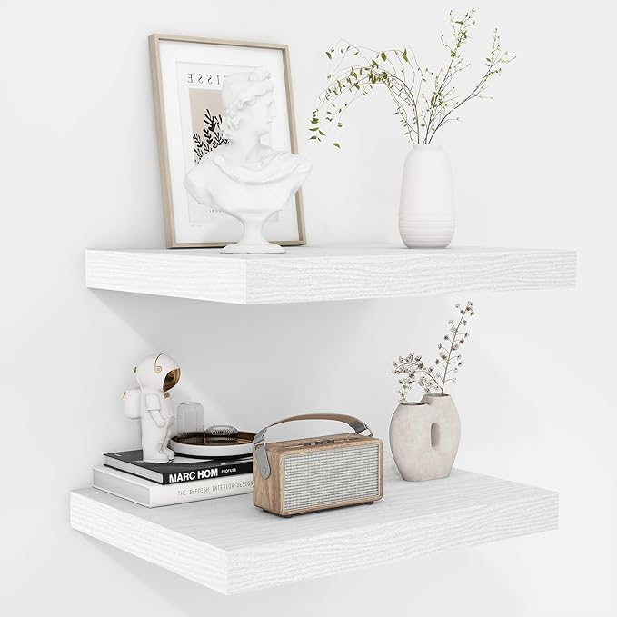 Fun Memories Floating Shelves - 2 Pack 12 Inch Deep Rustic Wooden Wall Shelves - Extra Deeper & Thicker Wall Mounted Storage Shelf for Living Room, Kitchen, Farmhouse - 16" W x 12" D x 1.5" H - White-Ruum Studio Home