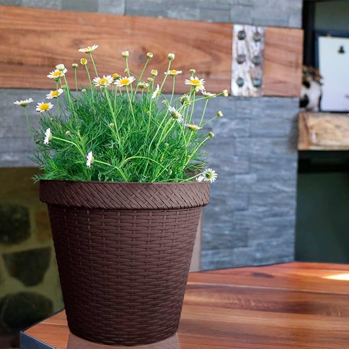 Elly Décor Set of 2 10 inch Round Saucer Modern Self Watering Planter Plates, Pots with Rattan-Like Finish, 10x10 chococlate Brown-Ruum Studio Home