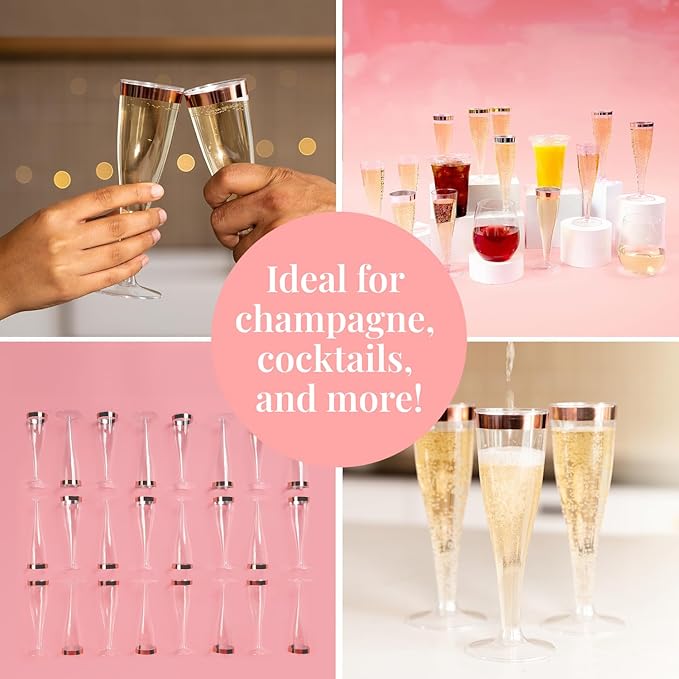 Prestee Set of 24 Plastic Champagne Flutes with Rose Gold Rim - 4.5 oz - Shatterproof Disposable Glasses - Elegant Design - Ideal for Weddings, Cocktail Parties, and Outdoor Celebrations-Ruum Studio Home