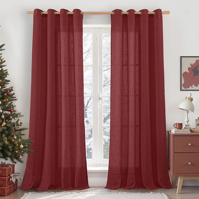 LAMIT 95 inch Linen Curtains for Living Room, Burgundy Red Bronze Grommet Christmas Panels Light Filtering Semi Sheer Drapes for Bedroom/Dining Hall, 2 Panels Set, 52 x 95 Inch-Ruum Studio Home