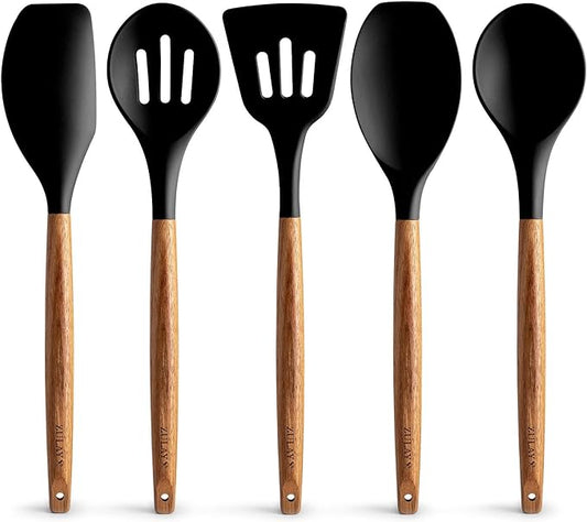 Zulay Kitchen Non-Stick Cooking Utensils Set with Authentic Acacia Wood Handles – 5-Piece Durable & Stylish Silicone Kitchen Utensils Set – Heat Resistant to 464°F – Black-Ruum Studio Home
