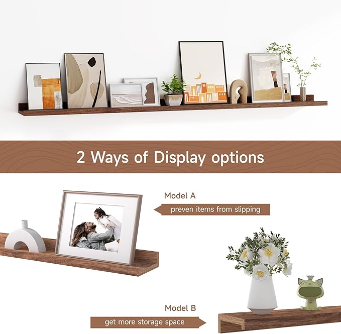 Floating Picture Ledge Shelves for Wall Set of 2, 55 Inches Picture Shelf with Ledge, Nursery Book Shelf for Toys Storage Kids Bookshelf Wall Mounted Living Room Bedroom Decor Frames, Walnut-Ruum Studio Home