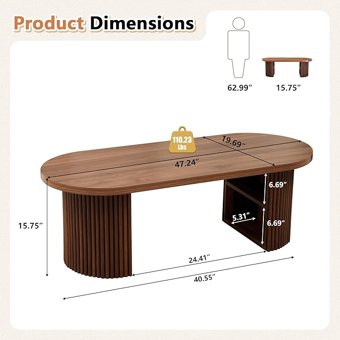Oval Fluted Coffee Table, 47" Farmhouse Wood Coffee Table Mid Century Modern Center Table Boho Living Room Tables for Living Room Office,Walnut-Ruum Studio Home