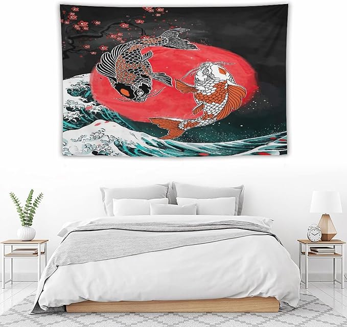 Houselerax Koi Fish Tapestries,Japanese Style Yin Yang Big Wave Cherry Blossoms Tapestry Wall Hanging for Bedroom Living Room Office Decor 90"x60"-Ruum Studio Home