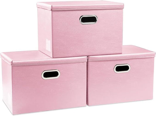 PRANDOM Collapsible Storage Bins with Lids [3-Pack] Leather Fabric Foldable Storage Boxes Organizer Containers Baskets Cube with Cover for Bedroom Closet Office Nursery Pink (14.9x10.8x10)-Ruum Studio Home