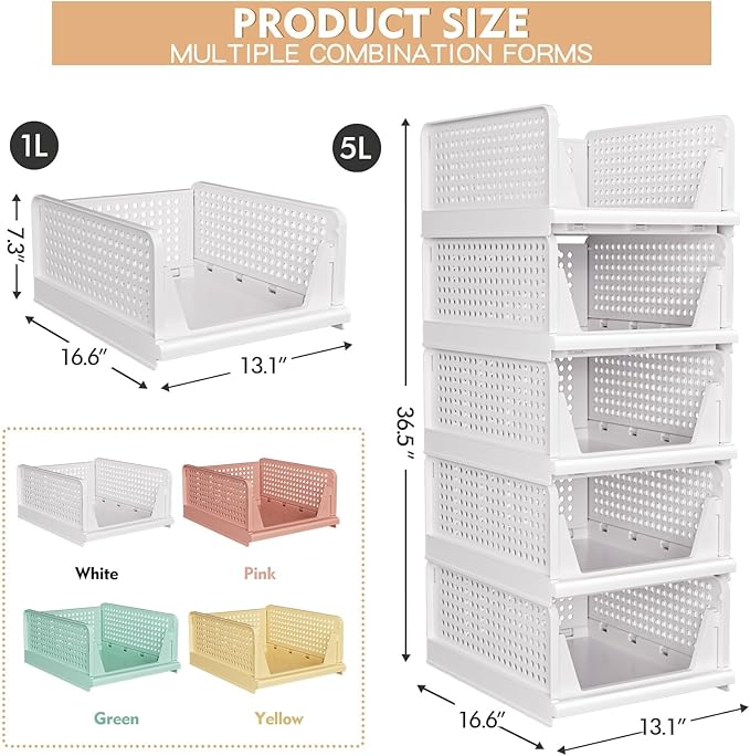 5 Pack Stackable Closet Storage Basket - Stackable Storage Bins, Multifunctional & Foldable Closet Organizer, Wardrobe Cupboard Space-Saving Hat Storage Drawer Organizer, White-Ruum Studio Home