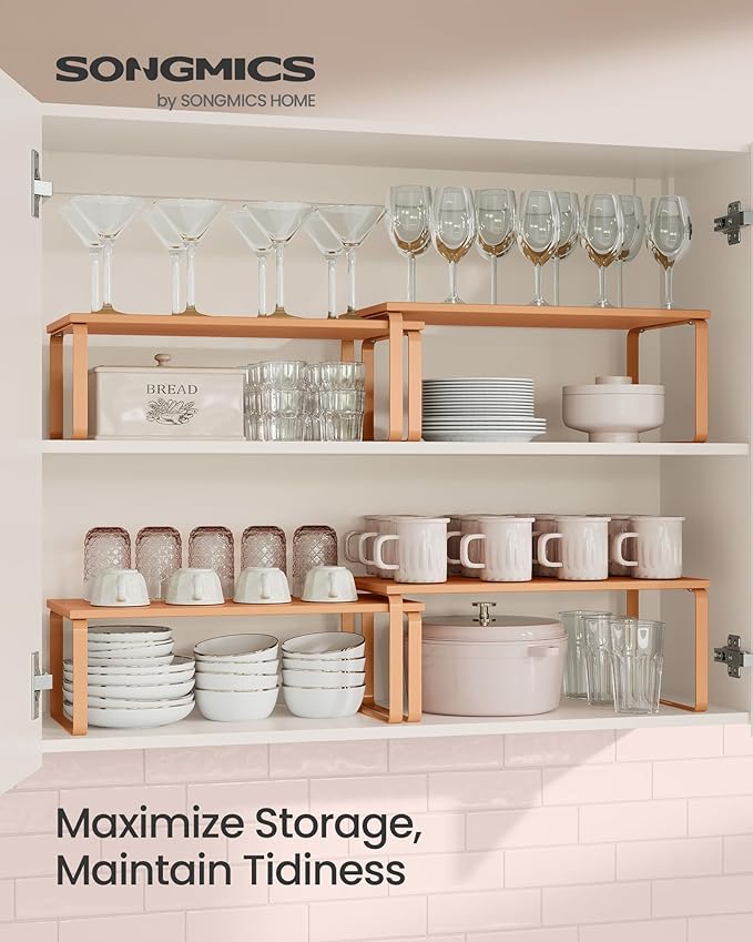 SONGMICS Cabinet Organizer Shelf, Set of 2 Kitchen Counter Shelves, Kitchen Storage, Spice Rack, Stackable, Expandable, Metal and Engineered Wood, Apricot UKCS200Y01-Ruum Studio Home