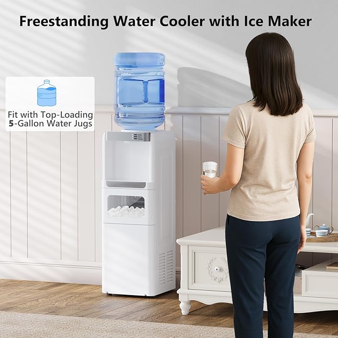 Water Dispenser with Ice Maker Function, Top Loading Hot and Cold Water Cooler for 5 Gallon Bottle - Includes Child Safety Lock - Water Machine for Home, Office, Garage - White-Ruum Studio Home