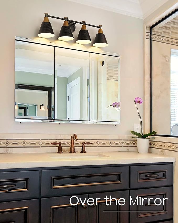 FEMILA Bathroom Vanity Light, 4-Lights Bathroom Light Fixtures Over Mirror, Modern Wall Mounted Lamp, Hammered Metal Shade, 4FG59B-4W BK-Ruum Studio Home