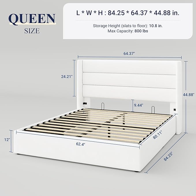 Allewie Queen Size Velvet Lift Up Storage Bed, Modern Wingback Headboard, Hydraulic Support, No Box Spring Needed, White-Ruum Studio Home