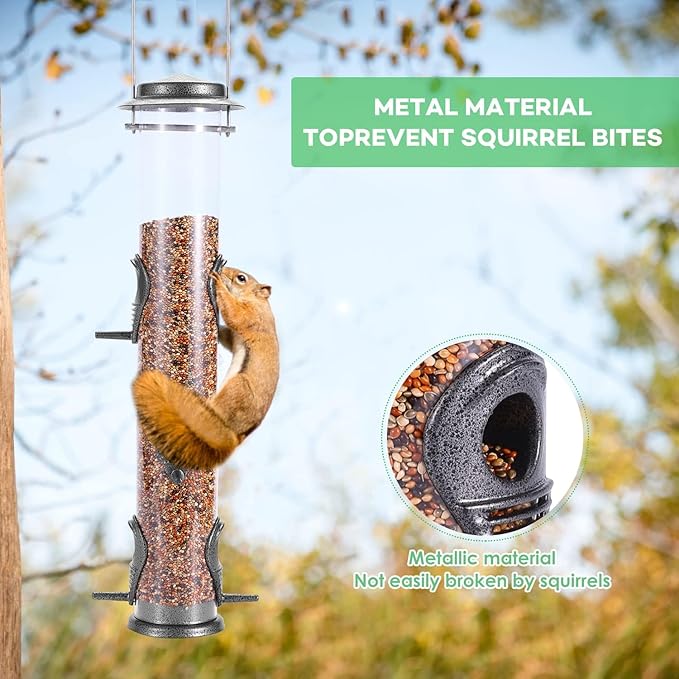 MIXXIDEA 1PK Metal Bird Feeders with 6 Feeding Ports,Tube Bird Feeder with Steel Hanger,Hard Plastic Wild Bird Feeder for Outdoors Hanging, Attracting Birds in Your Lawn, Garden, Balcony-Grey-Ruum Studio Home