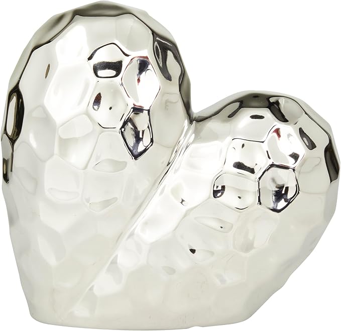 Deco 79 Porcelain Ceramic Heart Decorative Sculpture Dimensional Angled Origami Inspired Home Decor Statue, Accent Figurine 8" x 3" x 8", Silver-Ruum Studio Home