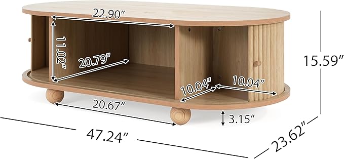 Oval Coffee Table with Storage for Living Room, Retro Charm Wooden Fluted Center Table, 47.24" Modern Classic Accordion Door Coffee Tables Dual Level Storage Side Table for Home,Office-Natural-Ruum Studio Home