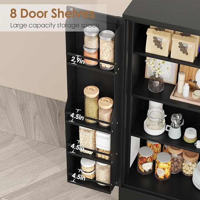 51" Kitchen Pantry Cabinet, Metal Storage Cabinet with 3 Adjustable Layer Shelves, 8 Door Shelves, Buffet Sideboard for Living Room, Kitchen, Black-Ruum Studio Home