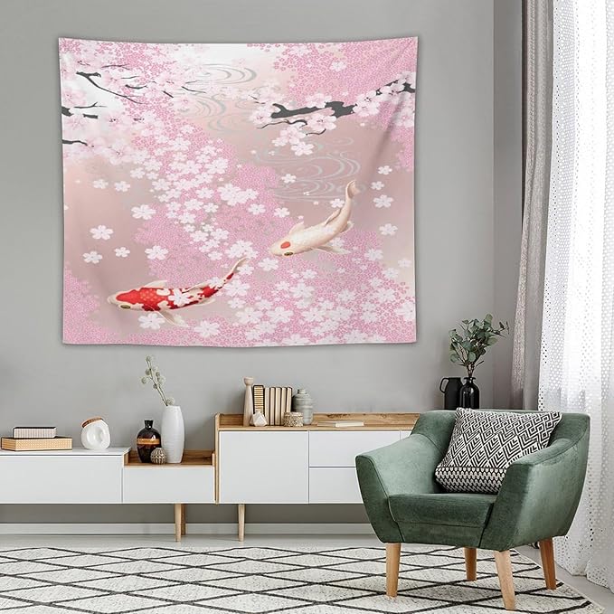 Houselerax Japanese Koi Fish Tapestry, Cherry Blossoms Asian Oriental Pink Flower Branch Koi Fish Carp Tapestries Wall Hanging for Bedroom Living Room Office Decor 60"x50"-Ruum Studio Home