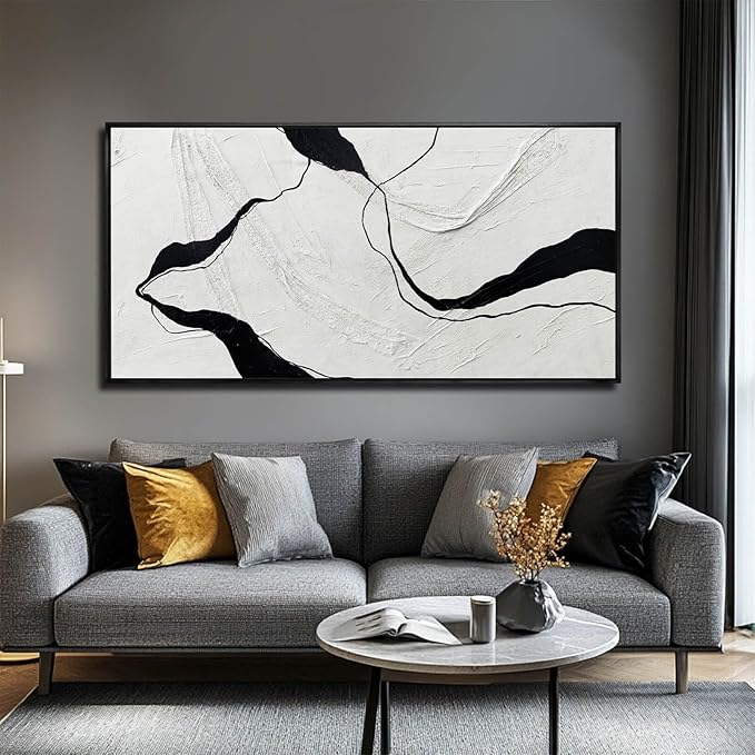 Framed Minimalist Wall Art 24"x48" Black and White Abstract Print Poster Line Canvas Modern Artwork for Living Room Bedroom Office Decor-Ruum Studio Home