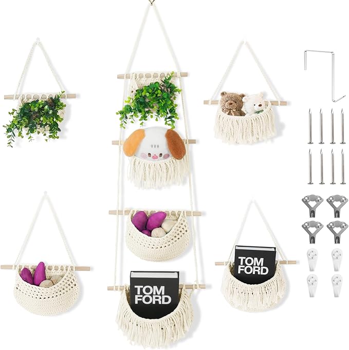 4 Tier Hanging Fruit Basket for Kitchen, Beige Boho Cotton Rope Crocheted Fruit Holder for Bathroom Bedroom, Detachable Wall Hanging Basket Shelves Over Door Organizer for Fruits Veggie Plant Decor-Ruum Studio Home