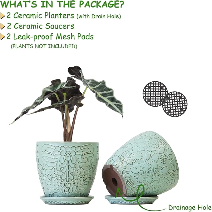 6 Inch Retro Ceramic Planter Set of 2 with Drainage Hole and Saucer for Plants, Indoor-Outdoor Garden Pots for Succulent, Orchid, and Flower (Fits Inner Pots Up to 5 Inches, Retro Green)-Ruum Studio Home