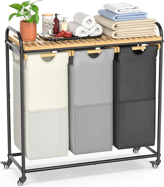 Laundry Hampers 3 Section, Laundry Sorter with Removable Shelf and Pull-Out Bags, Clothes Hampers with Wheels Rolling Cart Basket for Laundry Room Bathroom, 3 x 40 L (Black White Gray)-Ruum Studio Home
