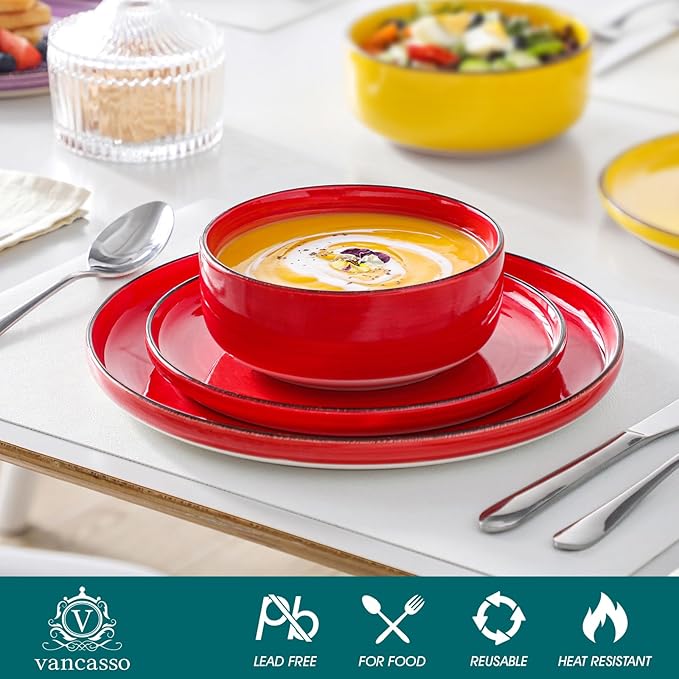 vancasso Bonita Stoneware Dinnerware Sets, 12 Pieces Dishes Set，Polished Round Plates and Bowls Set for 4, Dishwasher and Microwave Safe, Multicolor-Ruum Studio Home